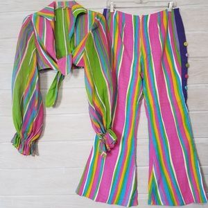 Vintage 70s Striped Bell Bottom Crop Top Set